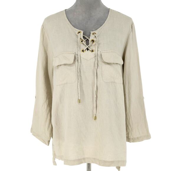 Ellen Tracy Top Womens Large Linen Beige Lace Up Henley Blouse Pockets Pullover - Picture 1 of 16
